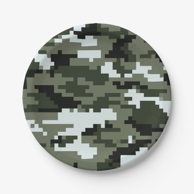 8 Bit Pixel Digital Urban Camouflage / Camo Paper Plates (Front)