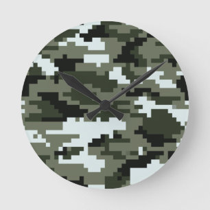 8 Bit Pixel Digital Urban Camouflage / Camo Round Clock
