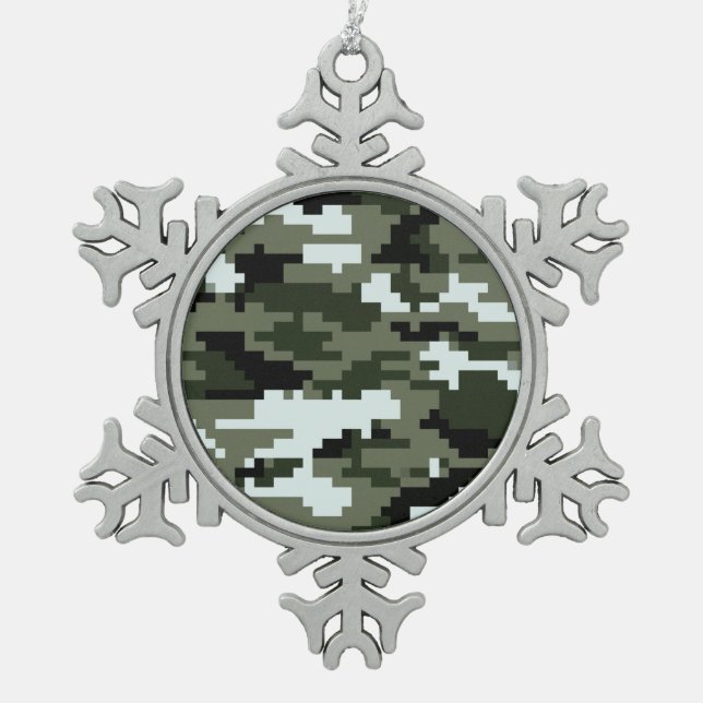 8 Bit Pixel Digital Urban Camouflage / Camo Snowflake Pewter Christmas Ornament (Front)