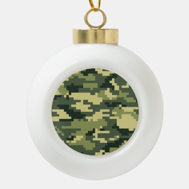 8 Bit Pixel Digital Woodland Camouflage / Camo Ceramic Ball Christmas Ornament (Front)