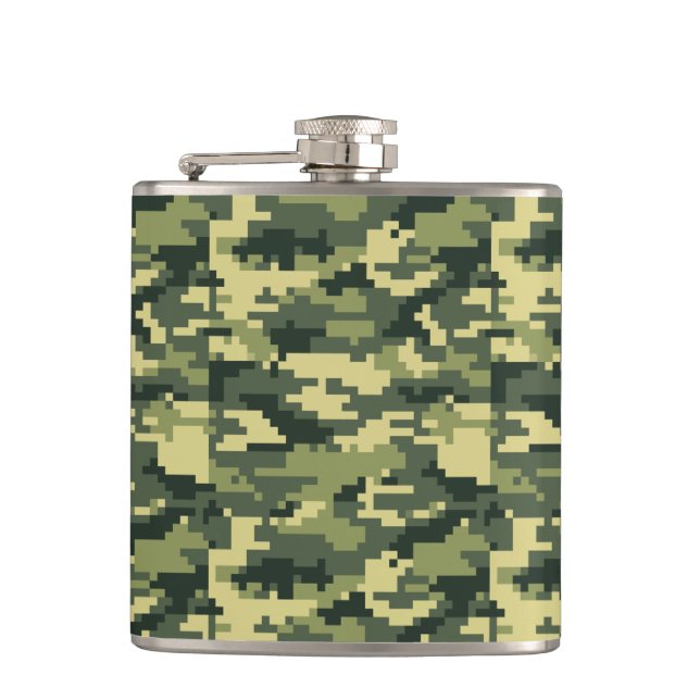 8 Bit Pixel Digital Woodland Camouflage / Camo Hip Flask (Front)