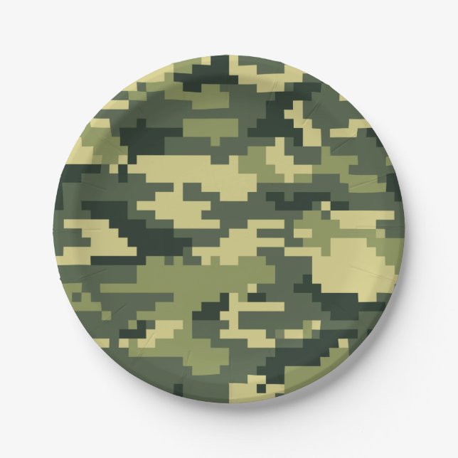 8 Bit Pixel Digital Woodland Camouflage / Camo Paper Plates (Front)