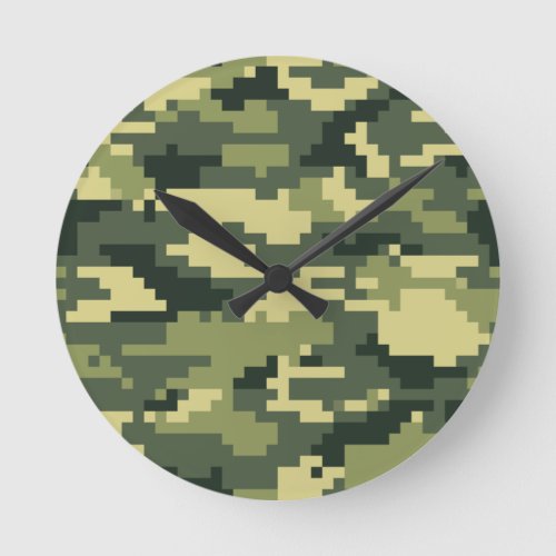 8 Bit Pixel Digital Woodland Camouflage  Camo Round Clock