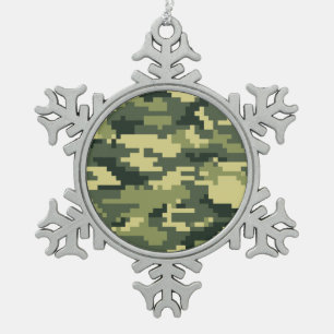8 Bit Pixel Digital Woodland Camouflage / Camo Snowflake Pewter Christmas Ornament