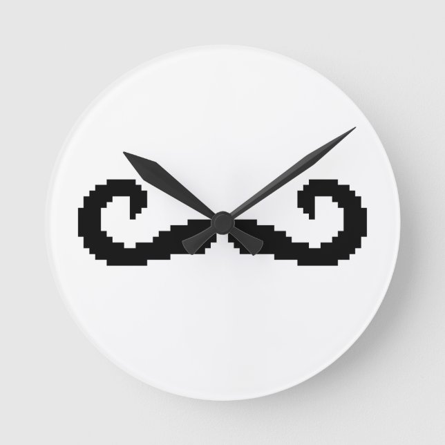 8 Bit Pixel Handlebar Moustache Round Clock (Front)
