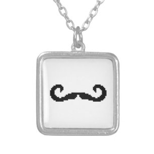 8 Bit Pixel Handlebar Moustache Silver Plated Necklace