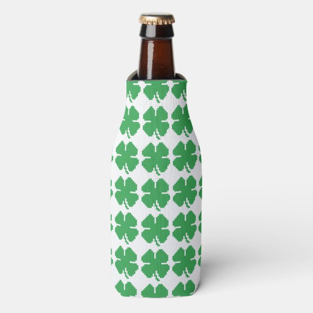 8 Bit Pixel Lucky Four Leaf Clover Bottle Cooler (Bottle Front)