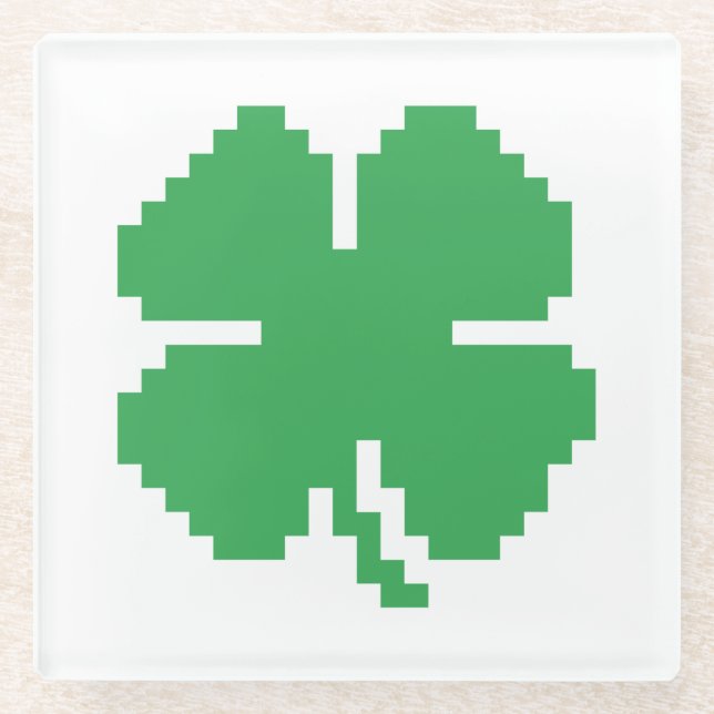 8 Bit Pixel Lucky Four Leaf Clover Glass Coaster (Front)