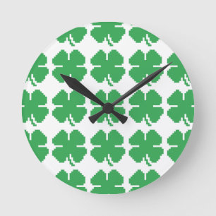 8 Bit Pixel Lucky Four Leaf Clover Round Clock