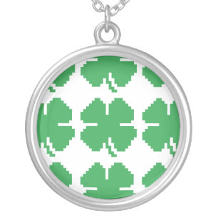 8 Bit Pixel Lucky Four Leaf Clover Silver Plated Necklace