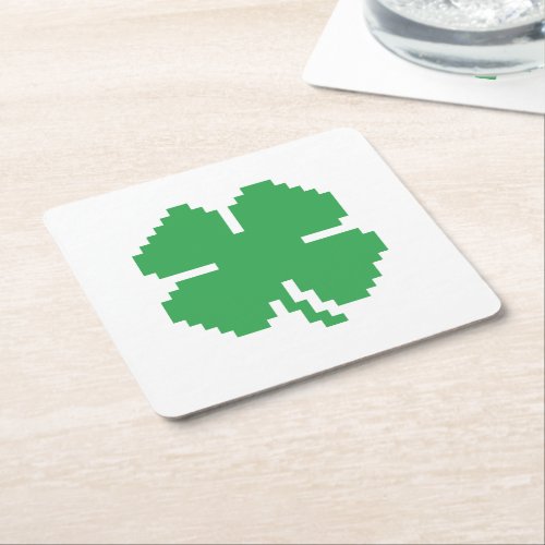 8 Bit Pixel Lucky Four Leaf Clover Square Paper Coaster