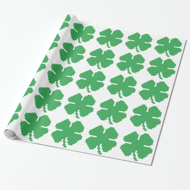 8 Bit Pixel Lucky Four Leaf Clover Wrapping Paper (Unrolled)