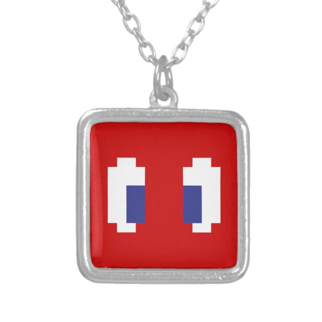 8 Bit Pixel Manga Eyes Silver Plated Necklace (Front)