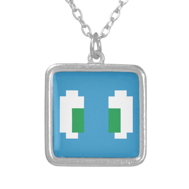 8 Bit Pixel Manga Green Eyes Silver Plated Necklace (Front)