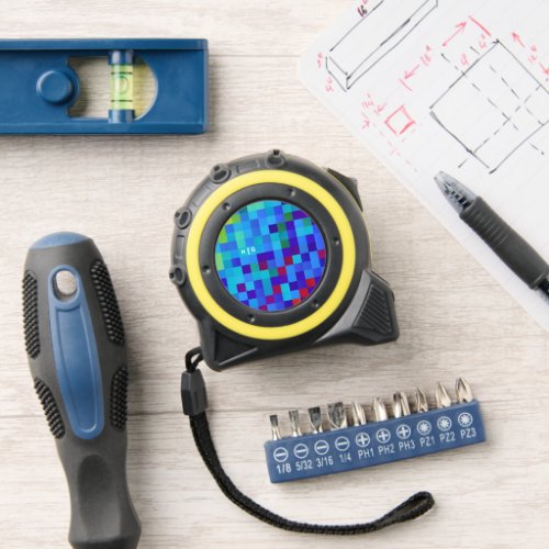   8_bit Pixel Pattern Abstract Cool Geeky Blue Red Tape Measure
