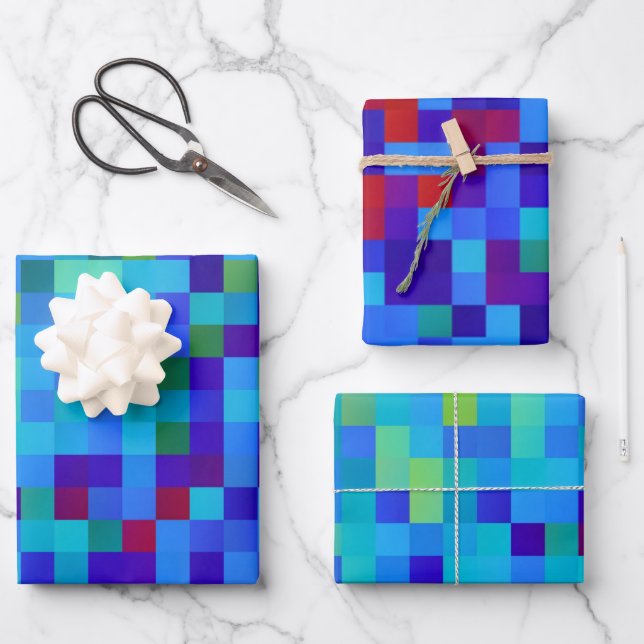 8-bit Pixel Pattern Abstract Cool Geeky Blue Red Wrapping Paper Sheets (Front)