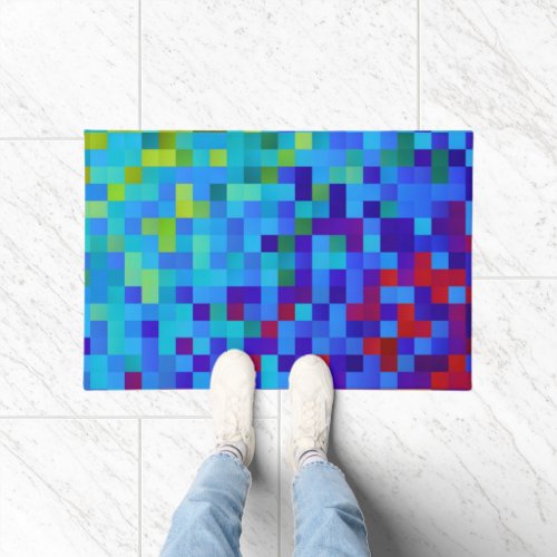 8_bit Pixel Pattern Vibrant Bright Geeky Blue Red Doormat