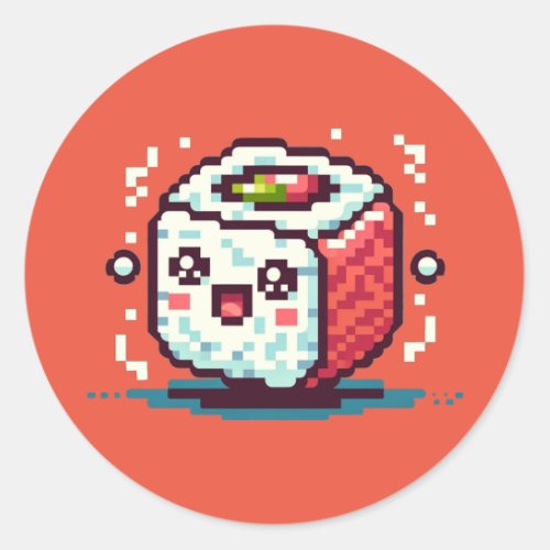 8_Bit Pixel Sushi Roll with Happy Face Classic Round Sticker