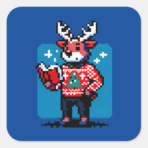 8_Bit Reindeer Reader Christmas Joy Square Sticker