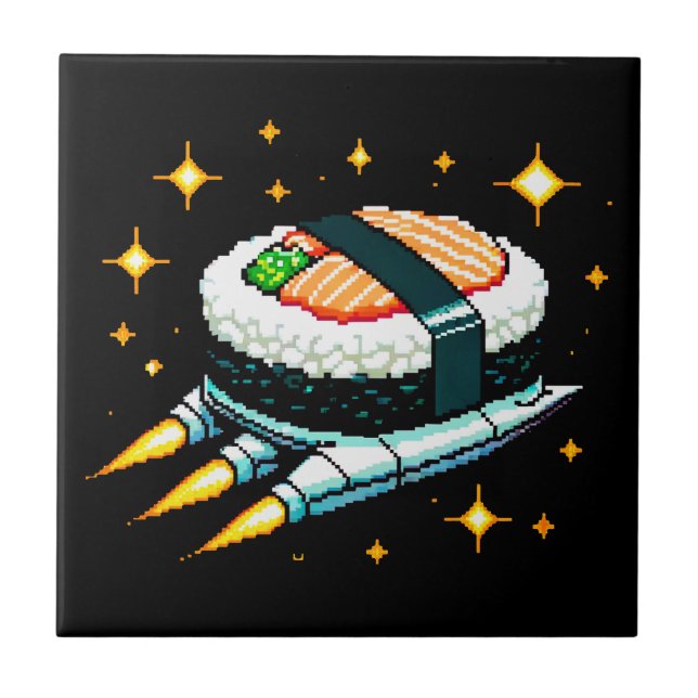 8-Bit Space Sushi Adventure - Cosmic Cuisine Art Ceramic Tile (Front)
