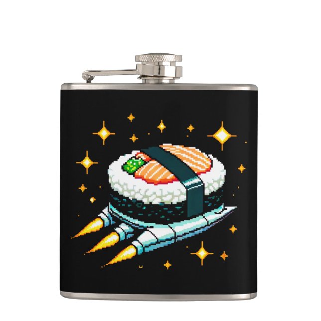 8-Bit Space Sushi Adventure - Cosmic Cuisine Art Flask (Front)