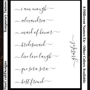 8 Custom Name/Word Elegant Calligraphy Script Blk Temporary Tattoos