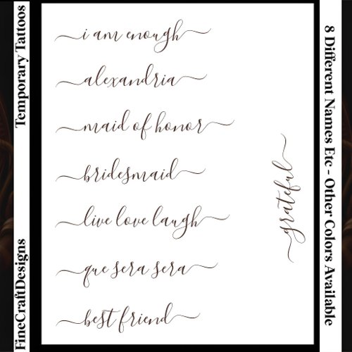 8 Custom Name/Word Elegant Calligraphy Script Brwn Temporary Tattoos