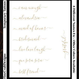 8 Custom Name/Word Elegant Calligraphy Script Gld Temporary Tattoos