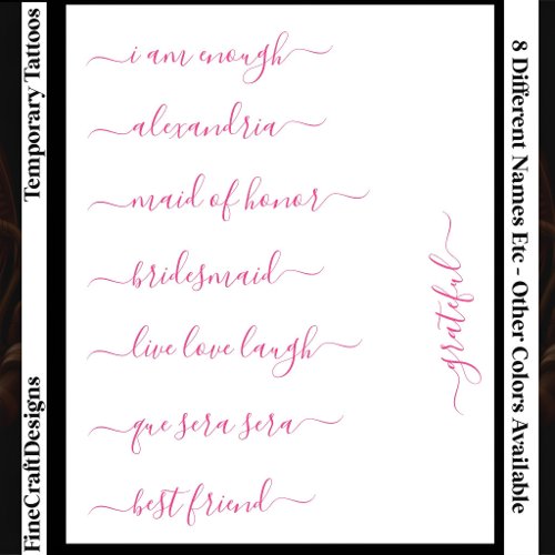 8 Custom Name/Word Elegant Calligraphy Script Pink Temporary Tattoos