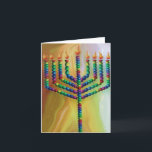 8 Days Of chanukah Holiday Card<br><div class="desc">A beautiful Chanukah (Hanukkah) card with matching postage stamps and envelope. A brightly colored menorah with green, blue, yellow and bright pink candles against a golden background.</div>