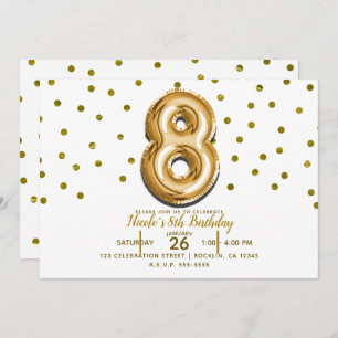 8 Eight Gold Balloon Confetti 8th Birthday Party Invitation