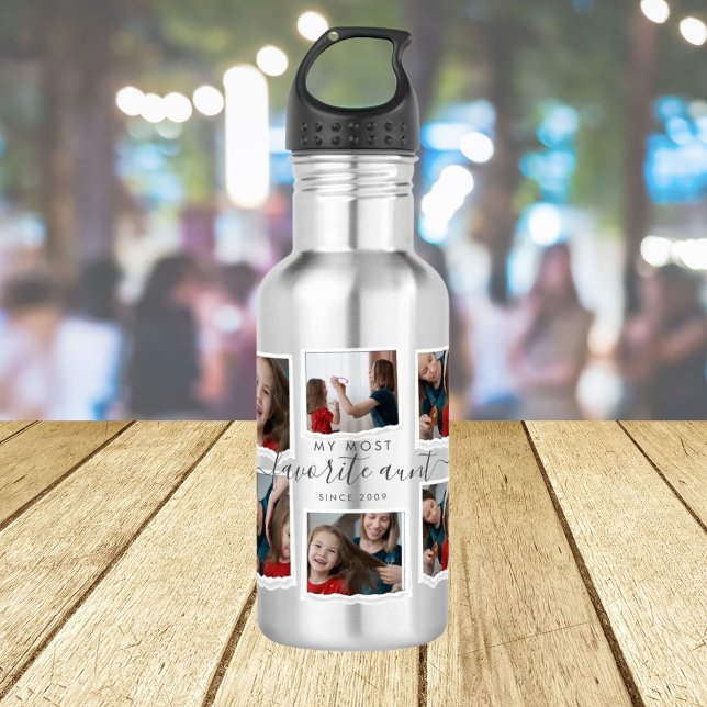 8 Eight Photo Collage Aunty Modern Elegant Family Stainless Steel Water Bottle (Creator Uploaded)