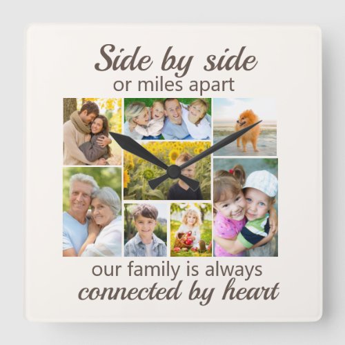 8 Family Photo Collage Connected by Heart Square Wall Clock