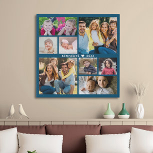 8 Family Photo Collage DIY Create Your Own Blue Faux Canvas Print