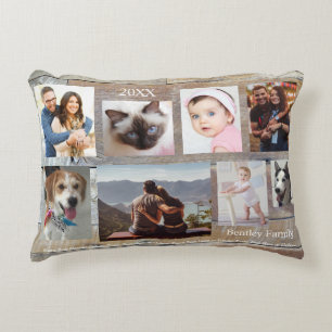 8 Family Photos, Wood Grain, DIY Name & Year Accent Pillow