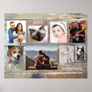 8 Family Photos, Wood Grain, DIY Name & Year Poster