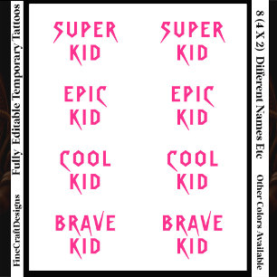 8 Fun Trendy Editable Kids/Boy/Girl Party Pink Temporary Tattoos