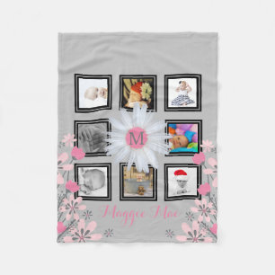 8 Instagram Photo Collage Daisy Flower Monogram Fleece Blanket