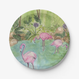8 Paper Plates - Watercolor Flamingos