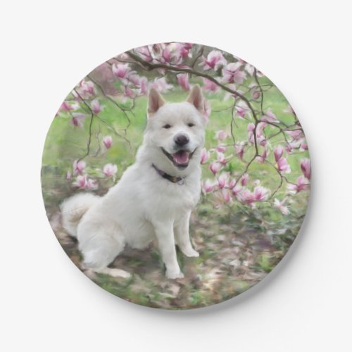 8 Paper Plates White Akita  Magnolia Blooms