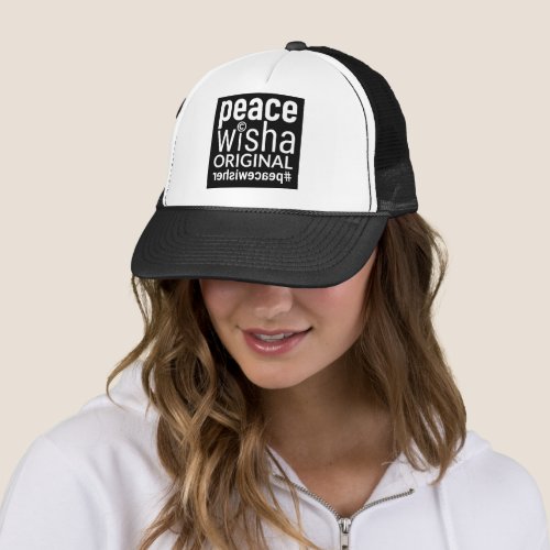 8 _ Peace Wisher Text On Black Square Trucker Hat