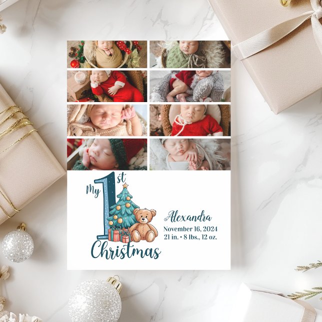 8 Photo Blue Teddy Baby 1st Christmas Holiday Card (Creator Uploaded)