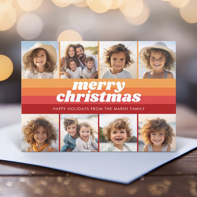 8 Photo Border - Merry Christmas Retro Line Art Holiday Card (Retro Stripe Christmas Card with 8 Photos - Vibrant Sunset Colors - Print and Download Option)
