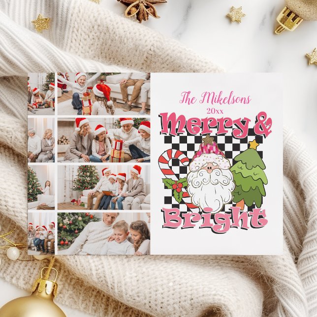 8 Photo Checkered Merry & Bright Christmas Holiday Card (Creator Uploaded)