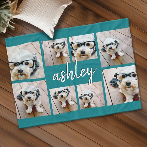 8 Photo Collage Add Your Name Calligraphy Teal Fleece Blanket