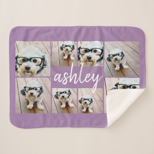 8 Photo Collage and Handwritten Name purple Sherpa Blanket