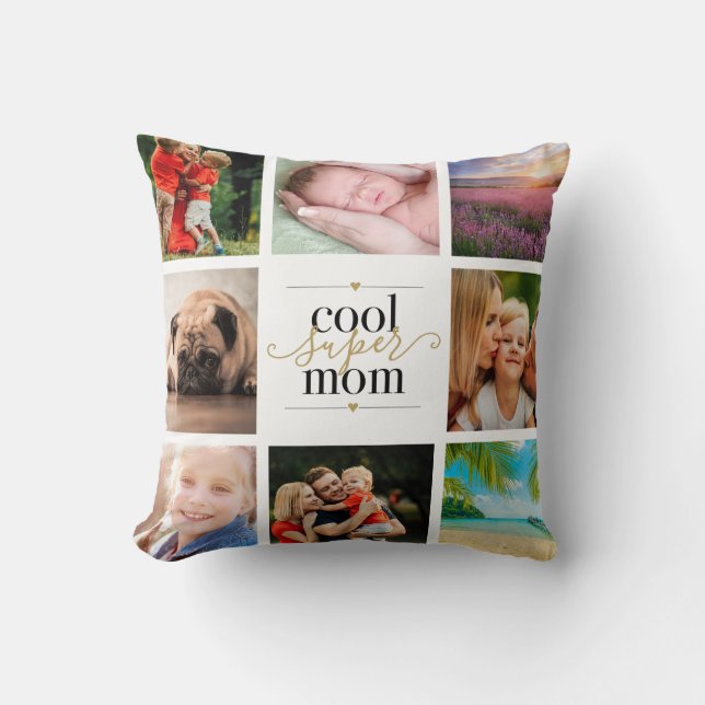 8 Photo Collage Black and Gold Cool Super Mom Throw Pillow (Front)