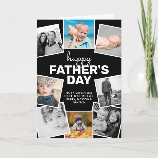 8 Photo Collage Black Happy Father's Day Card (Front)