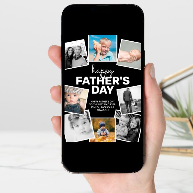 8 Photo Collage Black Happy Father's Day Card (Front Digital)