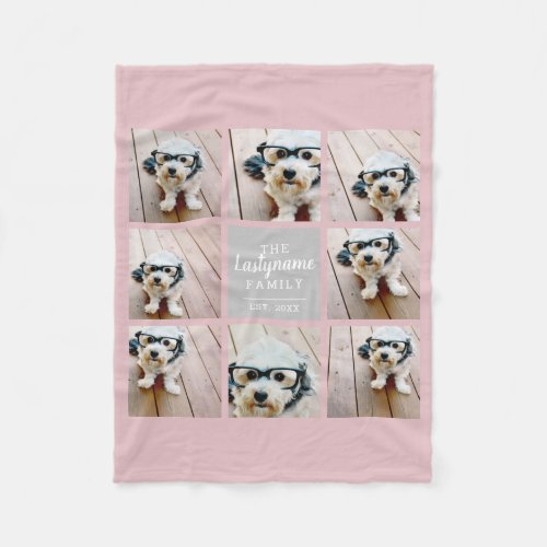 8 Photo Collage Blush Pink Pastel Grey Script Text Fleece Blanket